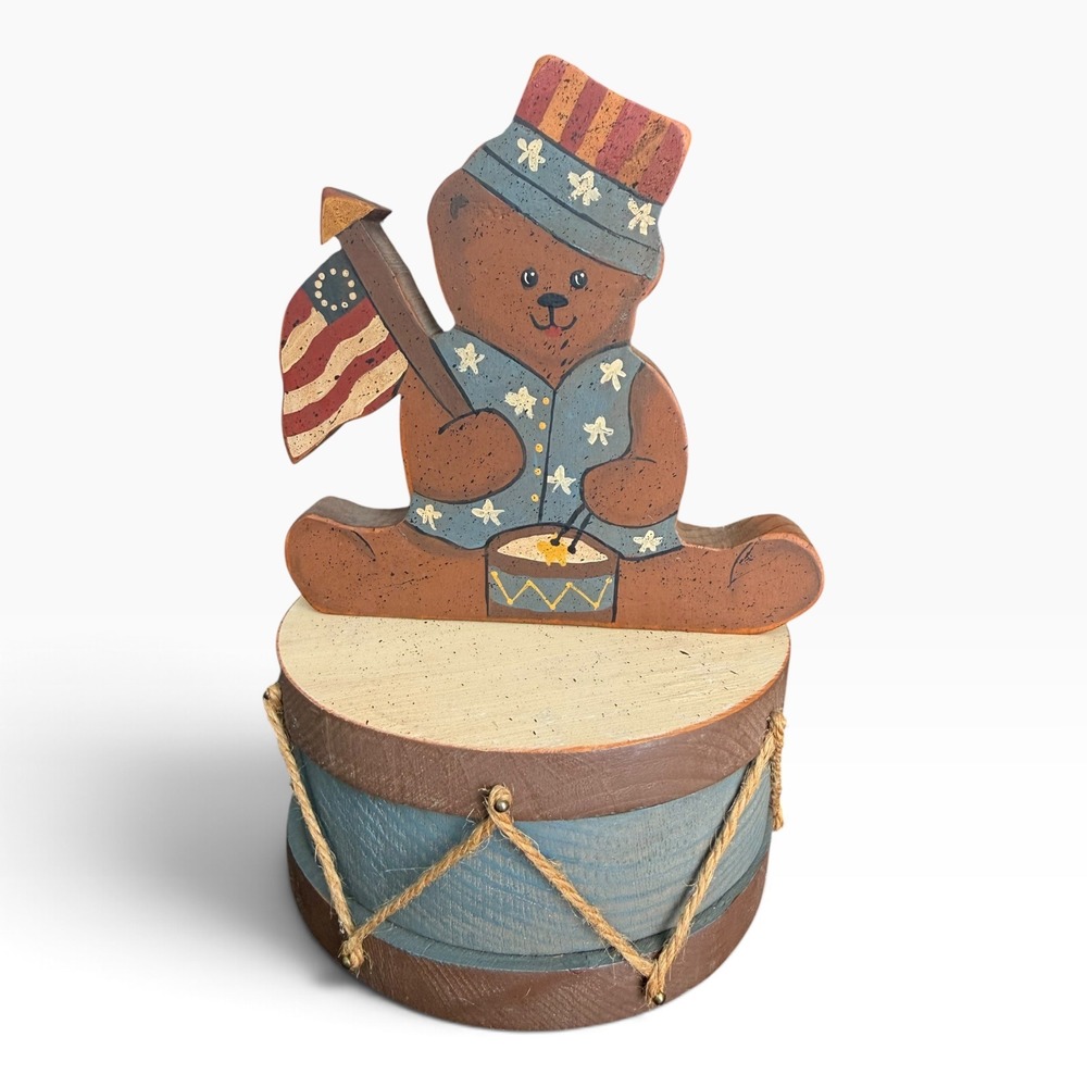 Vintage Americana Wooden Patriotic Bear on Drum Figurine Hand Painted 9 Inch